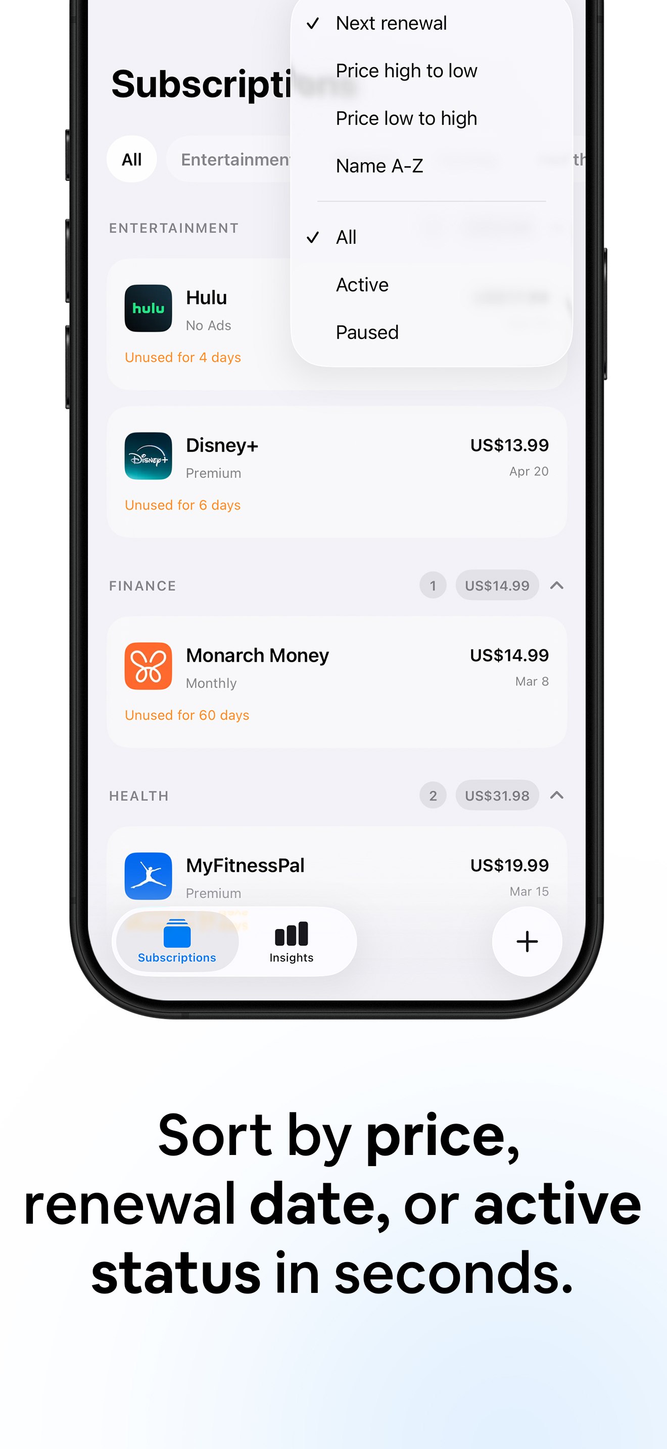 Sorting — By price, date, or status