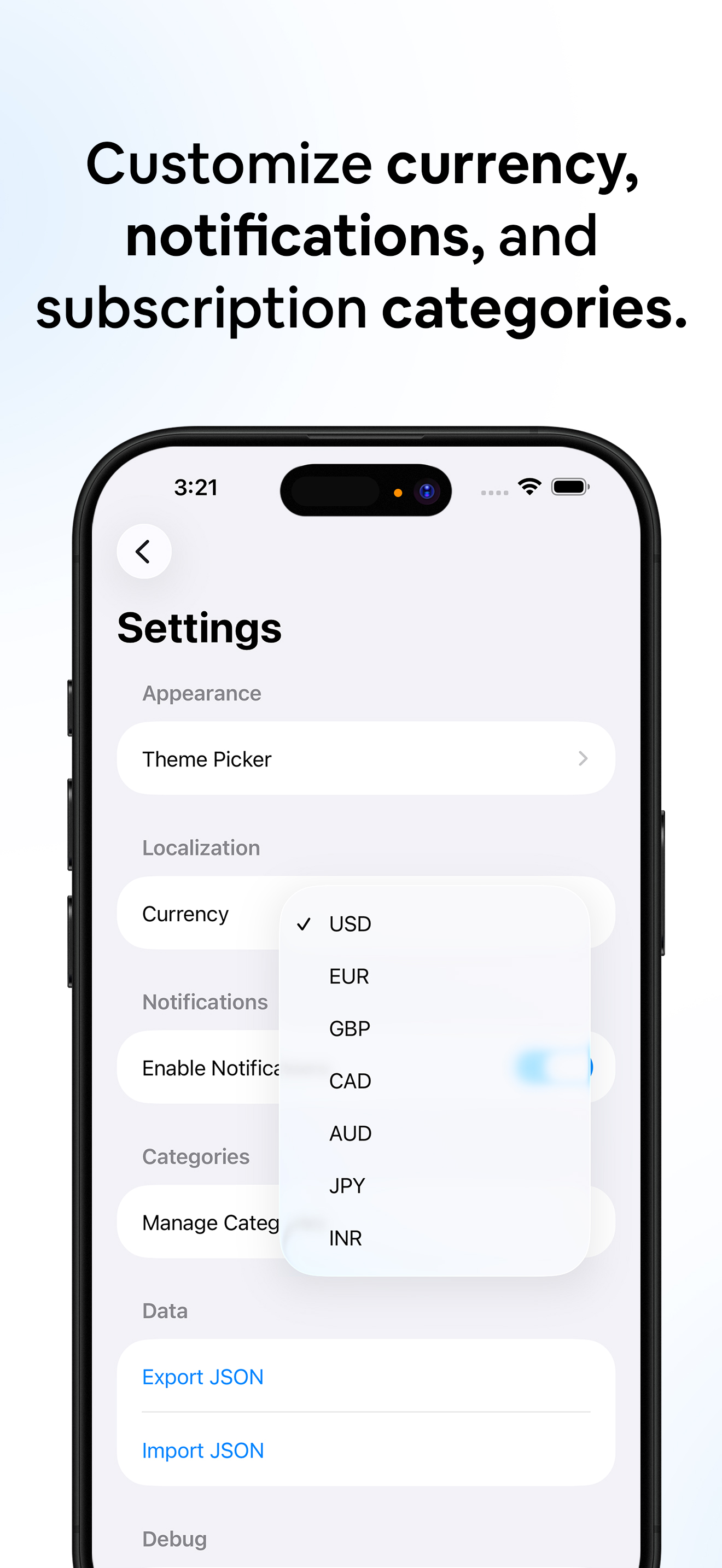 Settings — Currency & notifications